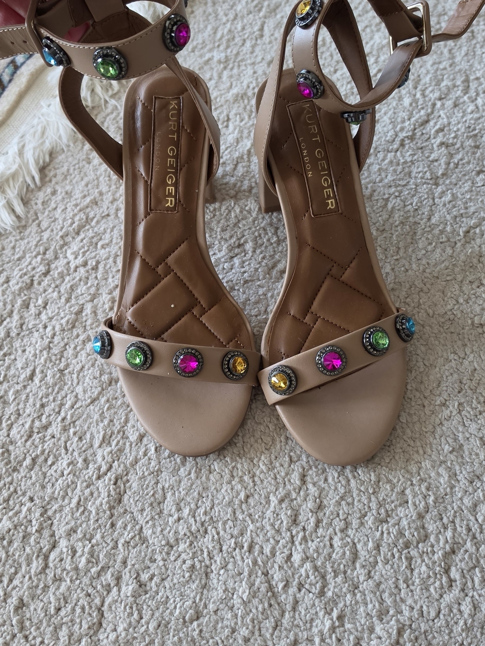 Kurt Geiger Beige Block-Heel Sandals with Multi-Colored Gem Accents